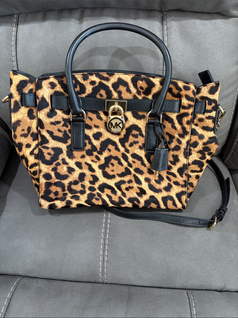Michael Kors Leopard Print Satchel Handbag - Black Trim